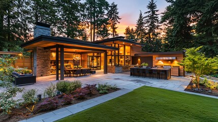 Fototapeta premium Elegant home with patio and outdoor kitchen under soft sunset glow, serene and inviting atmosphere.