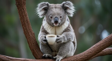 Fototapeta premium A sleepy koala enjoying a morning cup of tea while perched on a tree branch, as if starting its day after a long nap, evoking a sense of calm and cutenes
