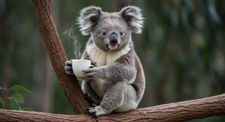 Naklejka premium A sleepy koala enjoying a morning cup of tea while perched on a tree branch, as if starting its day after a long nap, evoking a sense of calm and cutenes