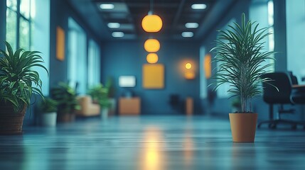 Abstract blurred office interior room with contemporary minimalist design, soft focus ambiance, and subtle lighting for creative corporate visuals and modern workspace inspiration