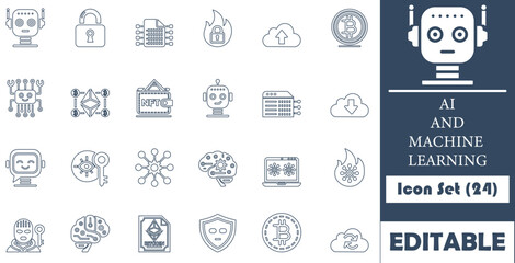 This 24-icon set visually represents AI and Machine Learning concepts. Clean, minimalist, and scalable, it's ideal for tech projects, dashboards, apps, and websites.