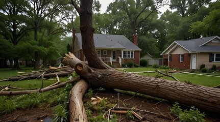 Aftermath of a devastating tornado in Michigan, a massive fallen tree.generative.ai