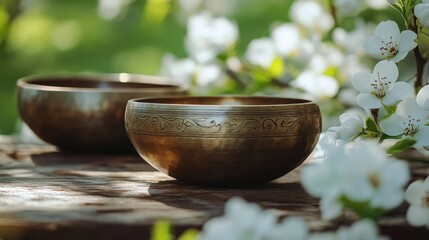 Two ornate singing bowls sit on wood, nestled amongst blossoms. Perfect for websites on meditation, relaxation, or spirituality.