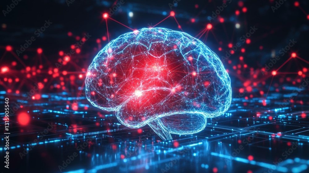 Poster digital brain with interconnected nodes symbolizing artificial intelligence.