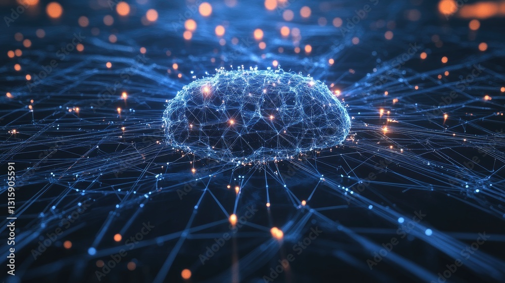 Poster digital brain with interconnected nodes symbolizing artificial intelligence.