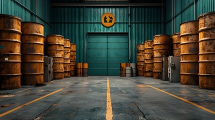 An industrial warehouse facility storing large chemical waste drums in neat organized rows with ample space for text or additional information