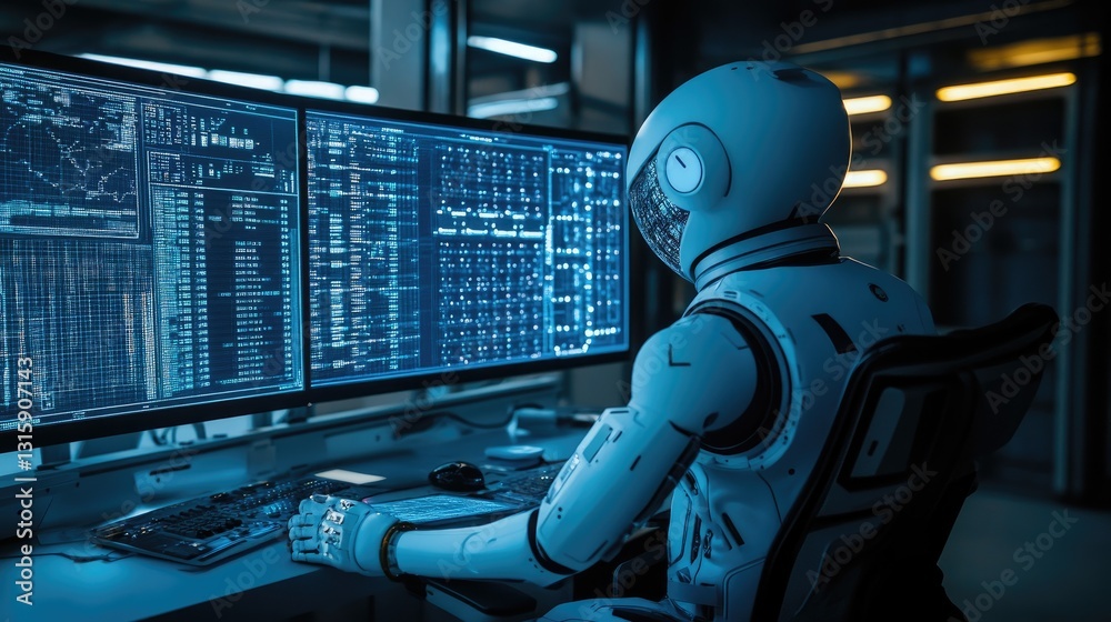 Poster futuristic ai agent monitoring space exploration data in real time.