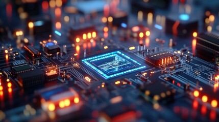 Obraz premium Futuristic AI control center with autonomous systems regulating digital landscapes.