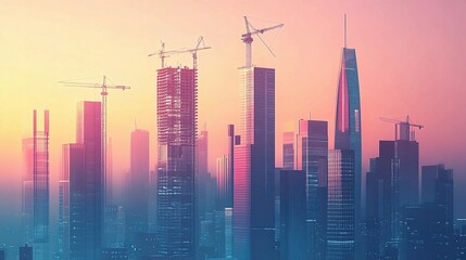 Innovative Urban Architecture with Cranes at Sunset Construction Site