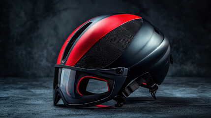 Fototapeta premium High-performance triathlon aero helmet resting on a table emphasizing safety and speed for competitive athletes