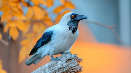 Obraz premium Majestic White Necked Raven on Weathered Branch Wildlife Photography