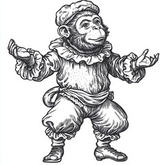 Fototapeta premium A whimsical illustration of a monkey dressed as a jester, gesturing playfully, showcasing a blend of humor and artistry.