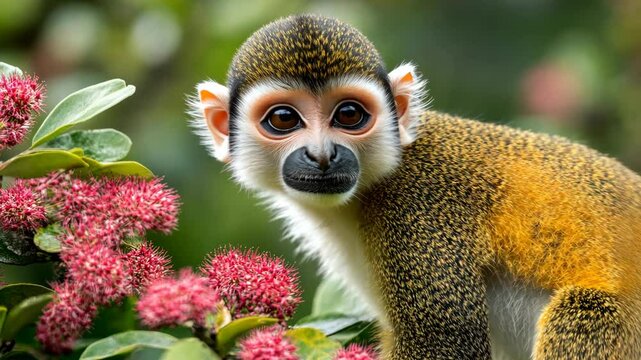 Squirrel monkey perched among vibrant pink flowers in a lush tropical environment