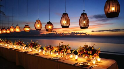 Elegant dinner setup at sunset by the beach with lanterns and floral arrangements