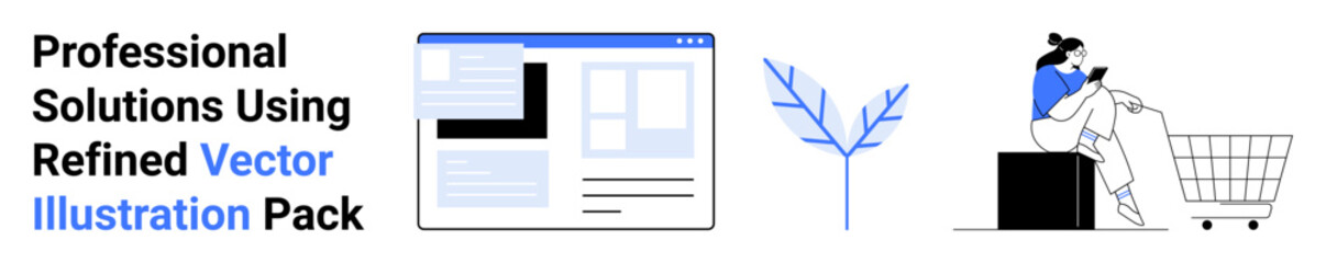 Web page mockup, minimal branch, seated woman scrolling on phone by shopping cart. Ideal for tech, innovation, minimalism, e-commerce, digital marketing, modern lifestyle flat landing page banner