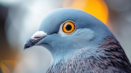 A blue-gray pigeon in sharp focus, with an orange eye, soft blurred background.