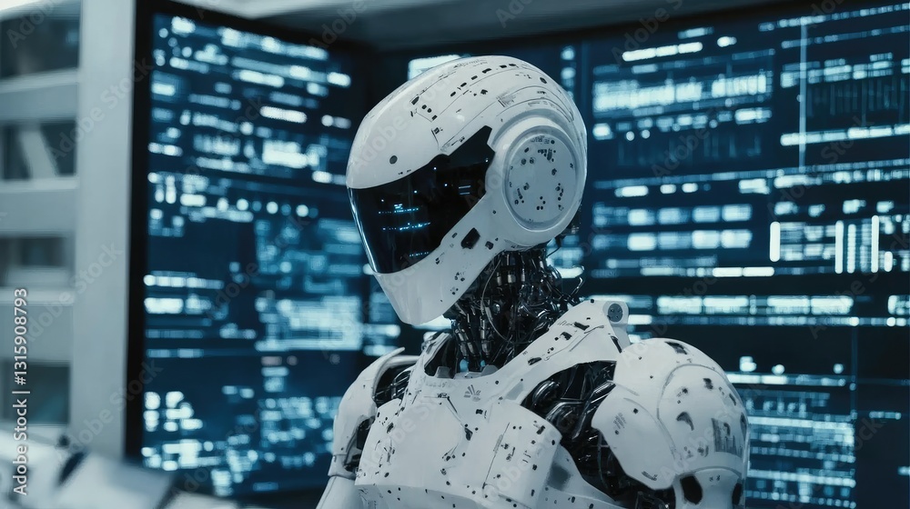 Poster humanoid ai robot analyzing data streams in a high-tech control room.