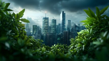 Futuristic city skyline featuring advanced chemical recycling systems for pollution control with interactive digital screens and open public spaces designed for informative text or graphics display