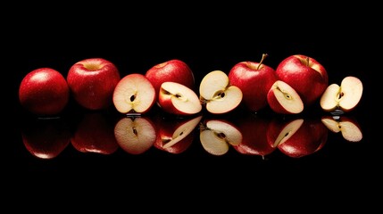 A composition of whole and sliced apples on a reflective black surface.