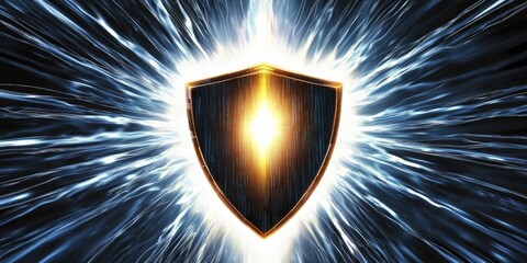 Fototapeta premium A radiant shield representing cybersecurity, encircled by dynamic data flows on a bright white canvas.