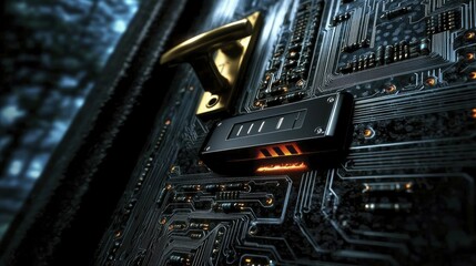 Obraz premium A lock and a digital key blend seamlessly into a circuit board, representing advanced home security innovations.