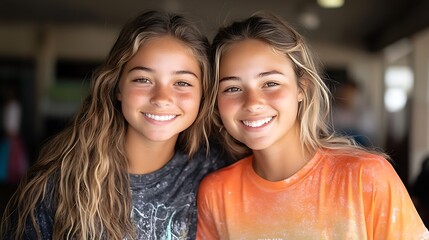 Joyful friendship moments beachside portrait sunny day close-up youthful connection