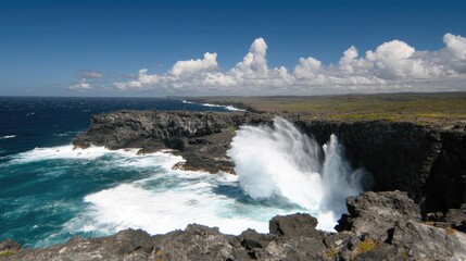 Spectacular Waterfall Cascading Over Rocky Cliff Into Turbulent Ocean Waves Under Clear Blue Sky