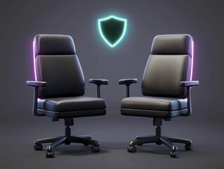 Obraz premium A pair of ergonomic office chairs arranged with a glowing safety shield hovering above, symbolizing workplace safety and comfort.