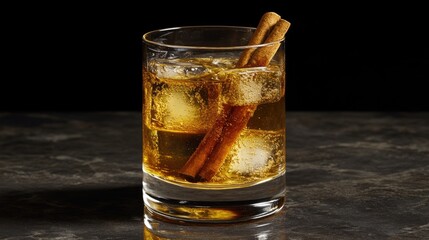 A refreshing glass of apple cider with cinnamon sticks floating inside.