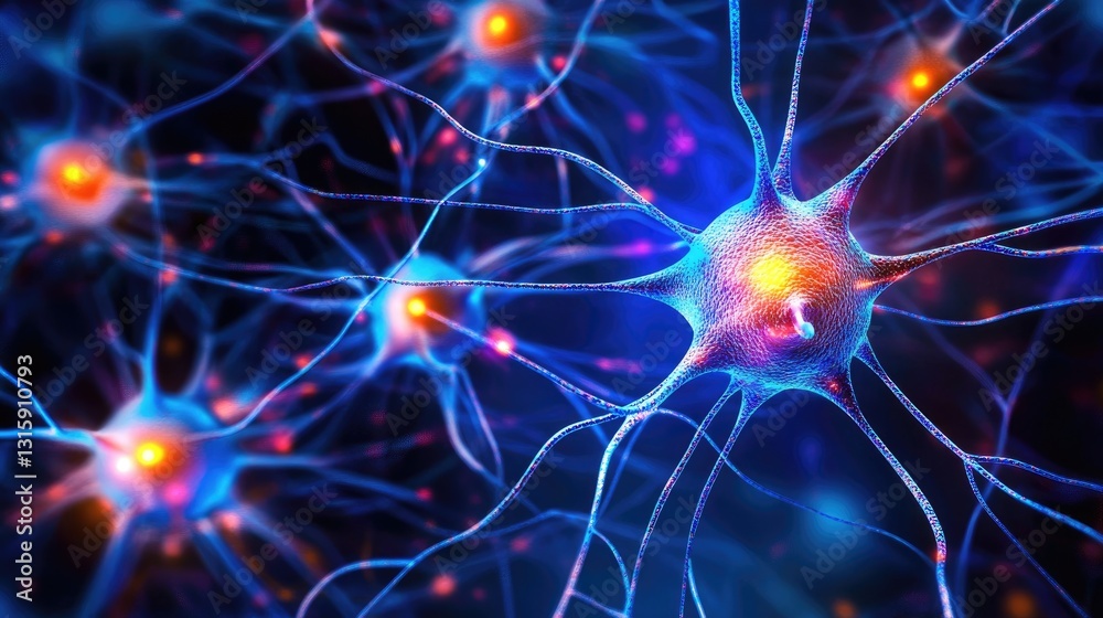 Poster neural network learning process displayed in d with interconnected nodes.