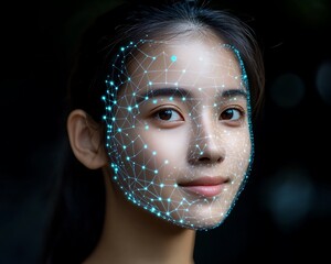 Woman's face scanned, digital network overlay
