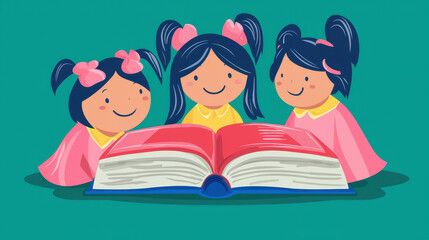 Three girls immersed in a book together, learning about financial literacy and economic principles for young minds