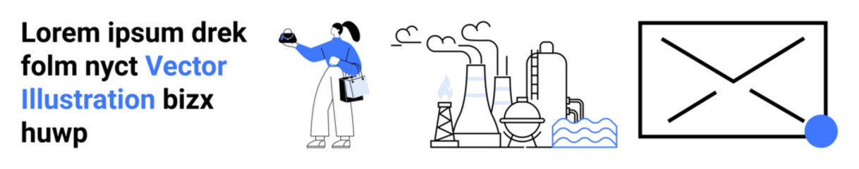 Factory worker holding flask near industrial plant, smoke stacks, and water waves. Minimal black and white layout with blue accents. Ideal for environment, sustainability, automation, communication