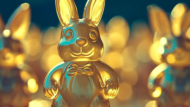 Golden bunny figurines arranged on a surface reflecting light in a festive setup for a spring celebration