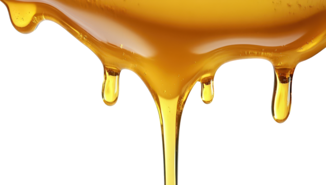 honey dripping from a surface showcasing its golden color and viscous texture the background is white emphasizing the honey's natural sheen and inviting appearance