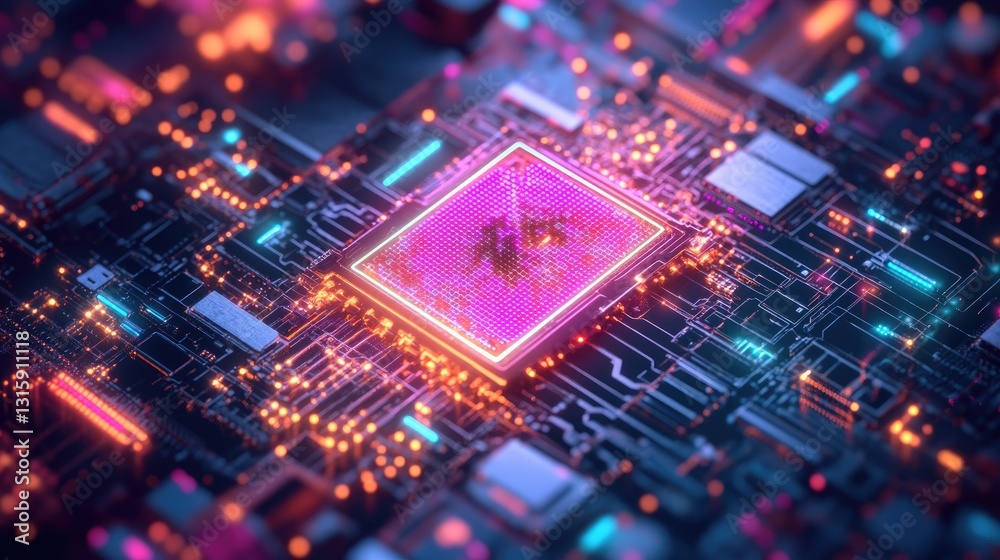 Poster quantum-hybrid computing setup accelerating complex calculations.