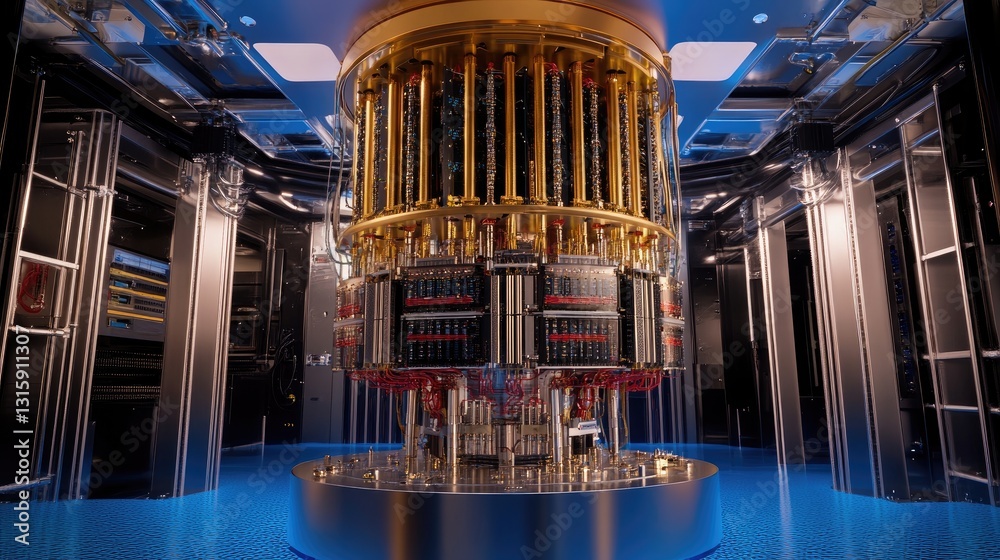 Poster quantum computing concept with ai-powered processors and light-speed data.