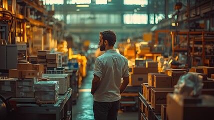 Obraz premium Man walking through a warehouse full of boxes and shelves for checking inventory.