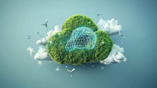 Sustainable cloud computing concept with renewable energy sources.