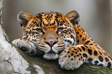Naklejka premium Stealthy Leopard Resting on Tree Branch in Jungle