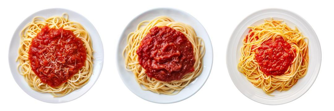 Set of A plate of spaghetti with tomatoes sauce, isolated on a transparent background - Powered by Adobe