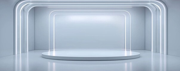 Abstract 3D podium space, geometric structures, dynamic perspective, high-contrast lighting, ultra-modern design, futuristic showroom style, sleek reflective surfaces, visually striking presentation,