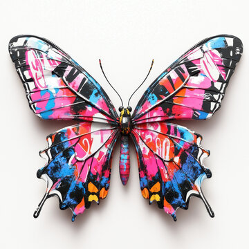 Stunning high-detail 3d butterfly with vibrant graffiti wings isolated on a clean white background for artistic display