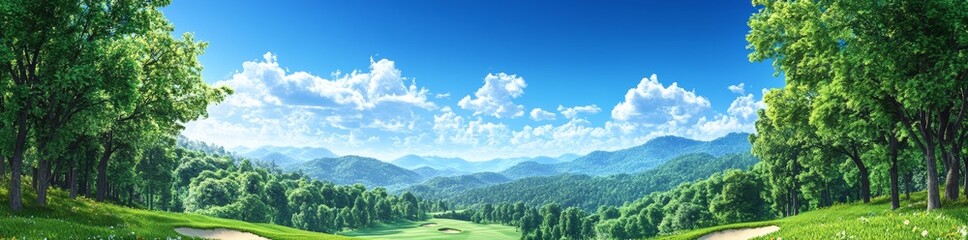 Fototapeta premium A golf banner showcasing a golf ball ready on the tee in a picturesque green setting