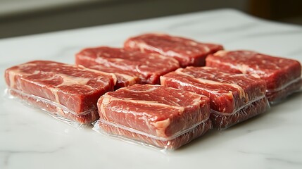 Fototapeta premium Clean and fresh cuts of meat sealed in plastic wrap on a smooth white surface