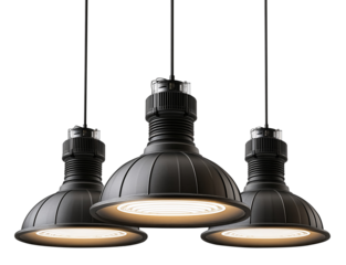 Three industrial style hanging lamps with black metal shades and warm light bulbs create modern and stylish ambiance