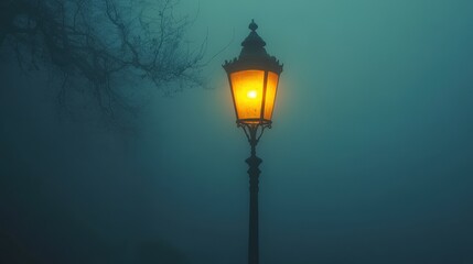 Mysterious lantern glows in foggy forest atmospheric photography nighttime scene enigmatic ambiance