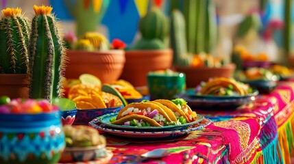 Fototapeta premium Vibrant Fiesta: A Colorful Mexican Taco Feast