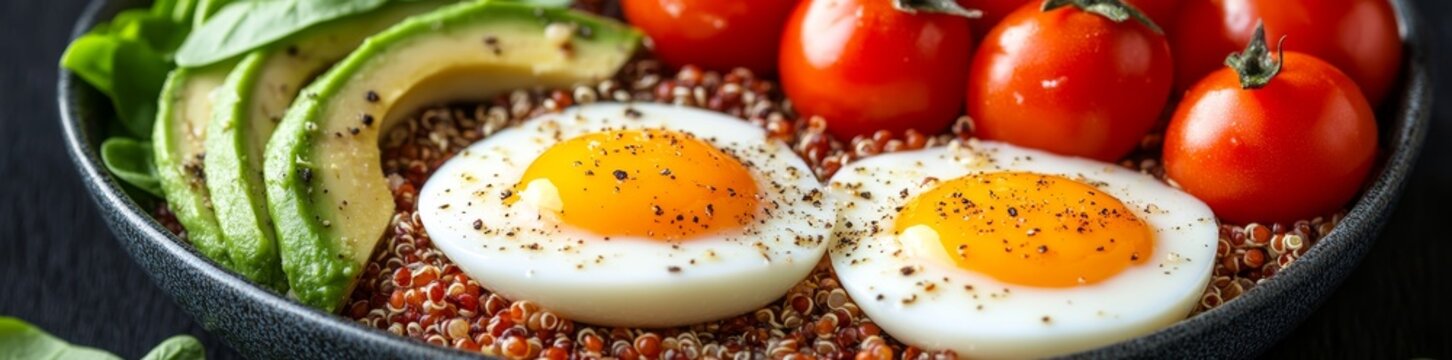 Start your day with a healthy California sunrise quinoa bowl, complete with a fried egg, avocado, spinach, and cherry tomatoes, seasoned with black pepper
