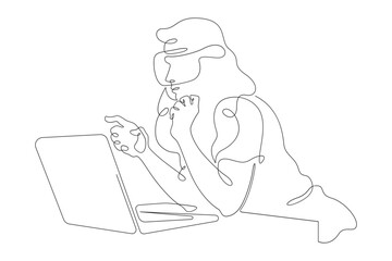 Continuous one line drawing woman sitting at laptop. Girl in virtual reality glasses. VR helmet.